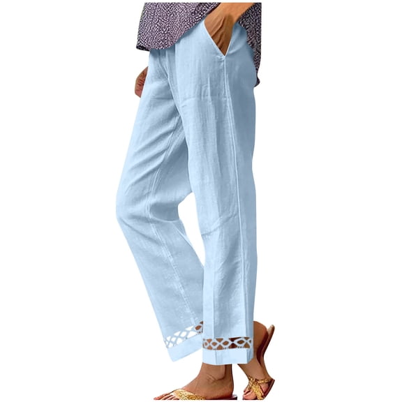 HongQid Women's Linen Capri Pants with Elastic Waist Petite Summer Beachwear Lightweight Cropped Trousers