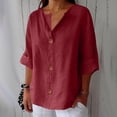 thumbnail image 1 of HongQid Women's Linen Shirt Loose T-shirts V-neck Button-down Basic Short Sleeve Tee Tops, 1 of 6