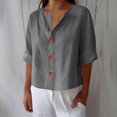thumbnail image 1 of HongQid Women's Linen Shirt Loose T-shirts V-neck Button-down Basic Short Sleeve Tee Tops, 1 of 6