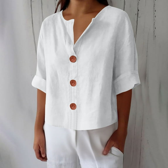 HongQid Women's Linen Shirt Loose T-shirts V-neck Button-down Basic Short Sleeve Tee Tops