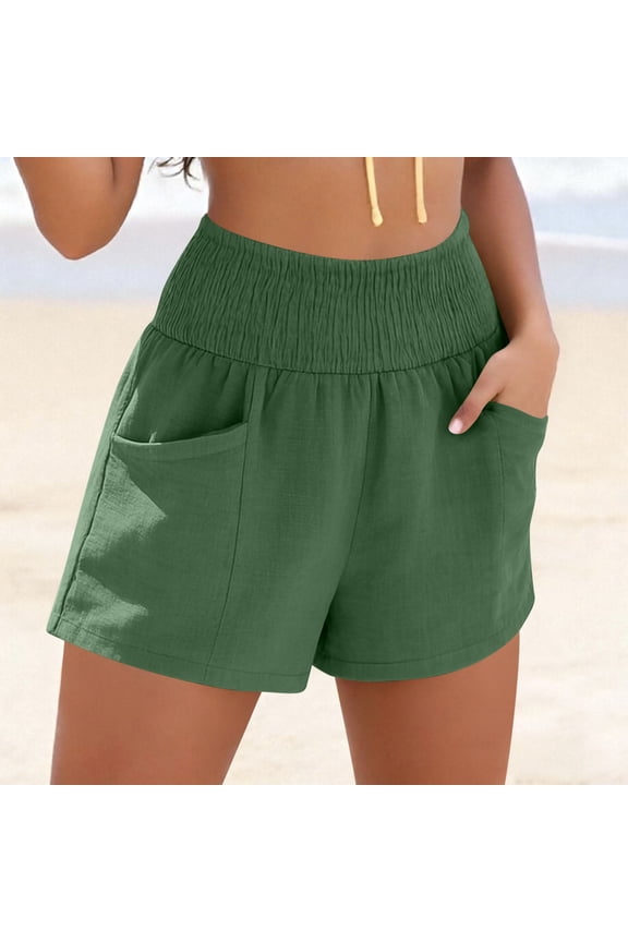Women's Linen Shorts Smocked Elastic Waist Casual Comfy Summer Pull on Beach Shorts with Pocket