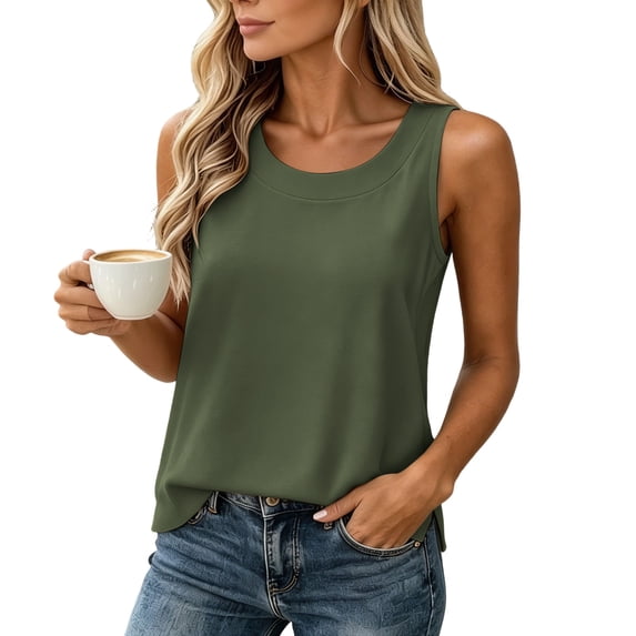 HongQid Women's Linen Sleeveless Tank Top Scoop Neck Cotton Blend Textured Woven Loose Split Hem Spring Summer Clothes Ladies Trendy Casual Layering Camisole