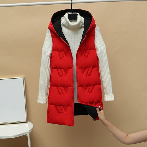 HongQid Women's Long Puffer Vest Casual Sleeveless Reversible Mid Length Puffy Jacket with Hood