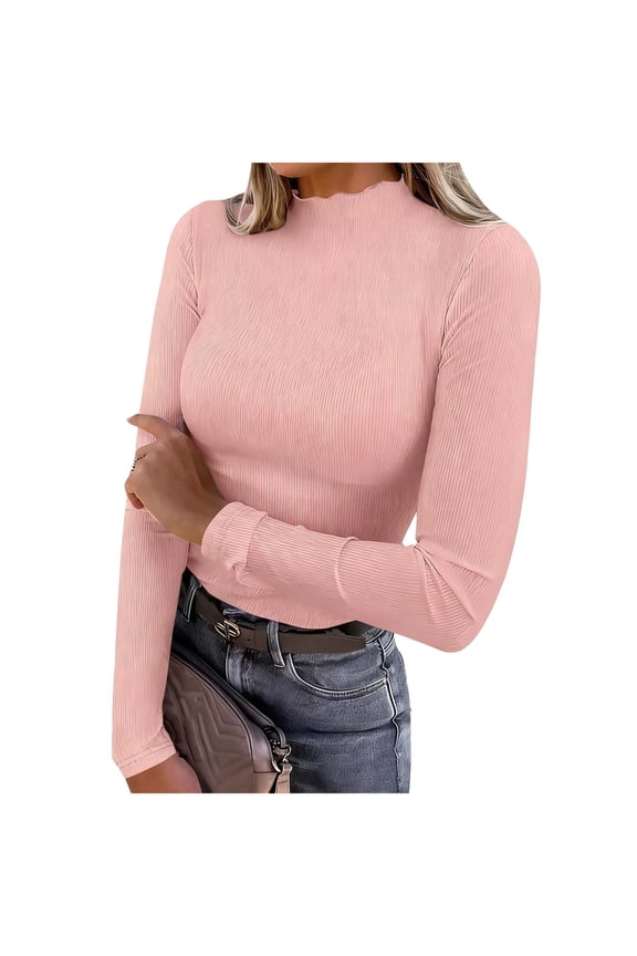 Women's Long Sleeve Tops Mock Neck Ribbed KnitShirts Slim Fit Dressy Casual Tight Basic Tees