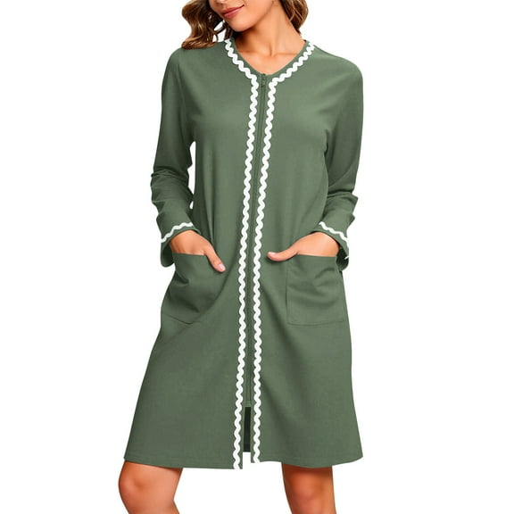 HongQid Women's Long Sleeve Zipper Nightshirt with Pockets Button Down Nightgown Sleepwear Pajama Dress