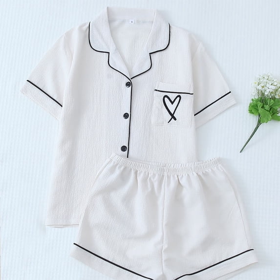 HongQid Women's Pajamas Set Heart Print Button Short Sleeve Shirt with Shorts Sleepwear PJs Set