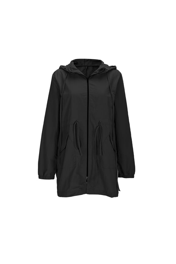 Women's Parka Raincoat Long Sleeve Hooded Windproof Waterproof Drawstring Waist Loose Coat with Pockets