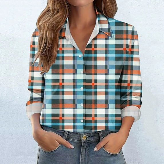 HongQid Women's Plaid Button Down Shirts Casual Long Sleeve Lightweight Checkered Spring Fall Shirt Tops