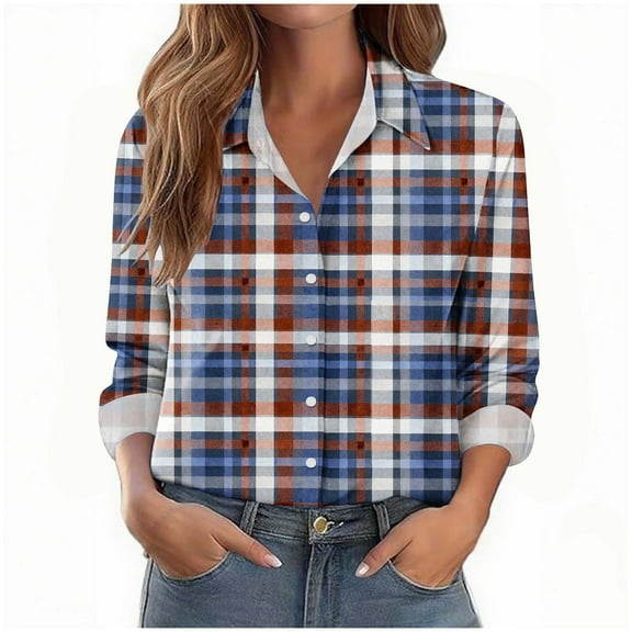 HongQid Women's Plaid Button Down Shirts Casual Long Sleeve Lightweight Checkered Spring Fall Shirt Tops