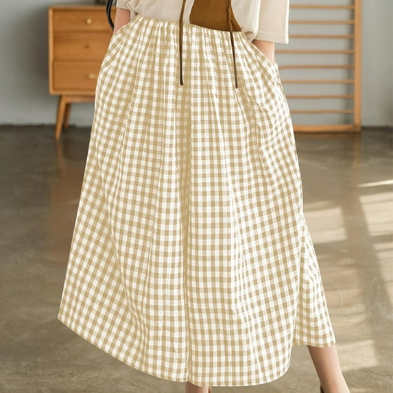 HongQid Women's Plaids Pants Elastic Waist Plaid Gingham Wide Leg Capri Palazzo Pants