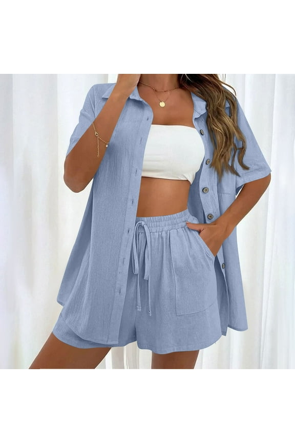 Women's Plus Size 2 Piece Outfits Cotton Linen Shirt and Drawstring Shorts Set Summer Tracksuits