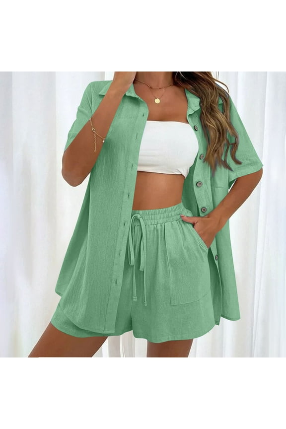 Women's Plus Size 2 Piece Outfits Cotton Linen Shirt and Drawstring Shorts Set Summer Tracksuits