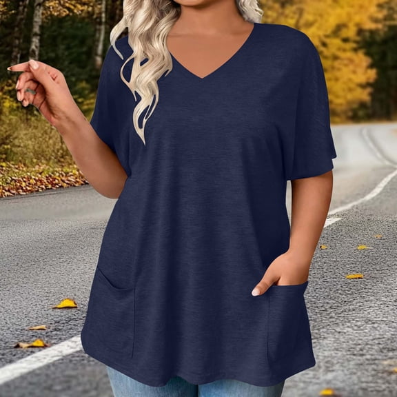 HongQid Women's Plus Size Casual V Neck T-Shirt Loose Fit Short Sleeve Blouse Curvy Tunic Top Fashion Clothing with 2 Pockets