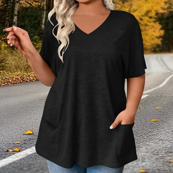 HongQid Women's Plus Size Casual V Neck T-Shirt Loose Fit Short Sleeve Blouse Curvy Tunic Top Fashion Clothing with 2 Pockets