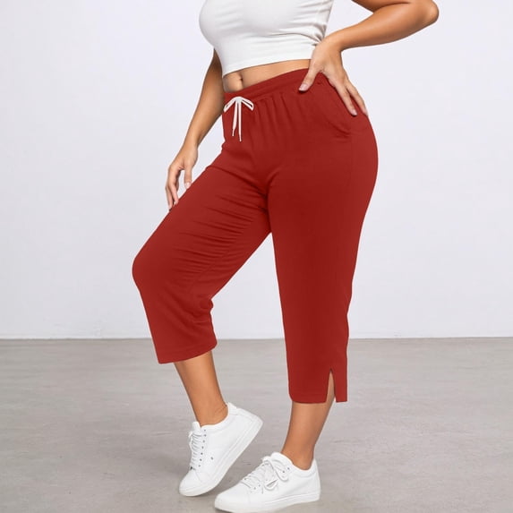 HongQid Women's Plus Size Drawstring Split Hem Capri Pants, Yoga Lightweight Stretch Casual Cropped Bottoms with Pockets