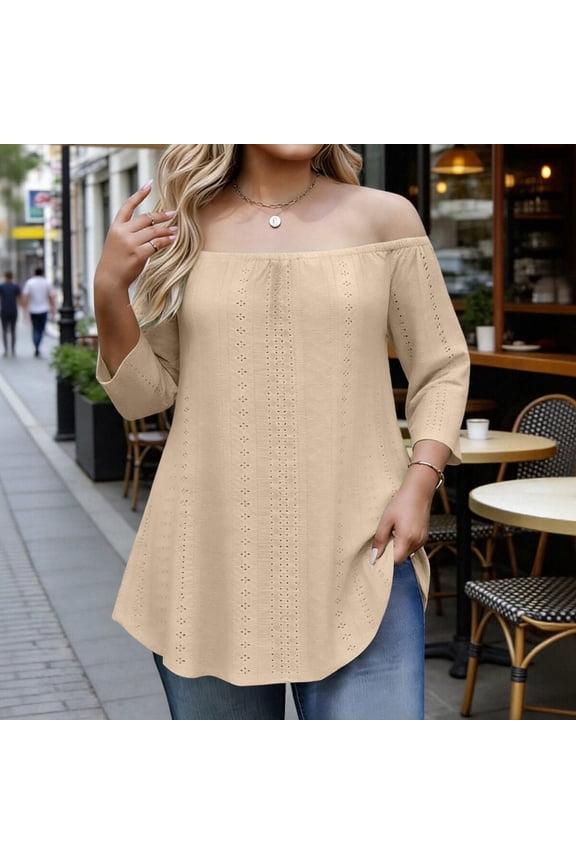 Women's Plus Size Eyelet Blouse Round Neck Asymmetrical Hem Off Shoulder Top Casual