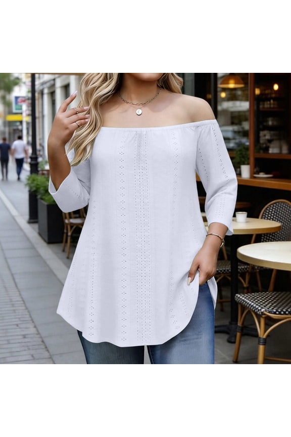 Women's Plus Size Eyelet Blouse Round Neck Asymmetrical Hem Off Shoulder Top Casual