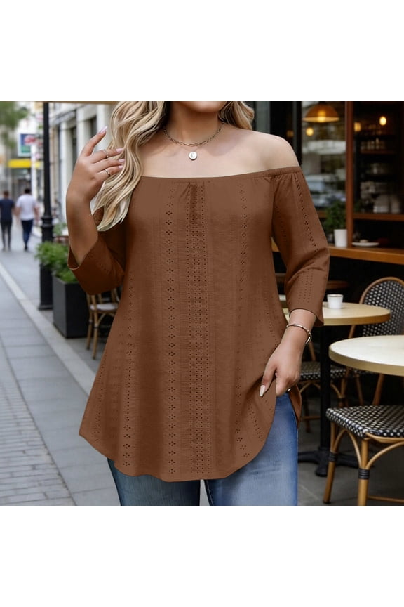 Women's Plus Size Eyelet Blouse Round Neck Asymmetrical Hem Off Shoulder Top Casual
