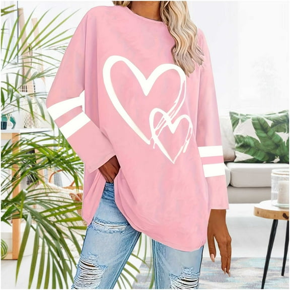 HongQid Women's Plus Size Heart Graphic Tee Colorblock Round Neck Long Sleeve Tee Shirt Tops