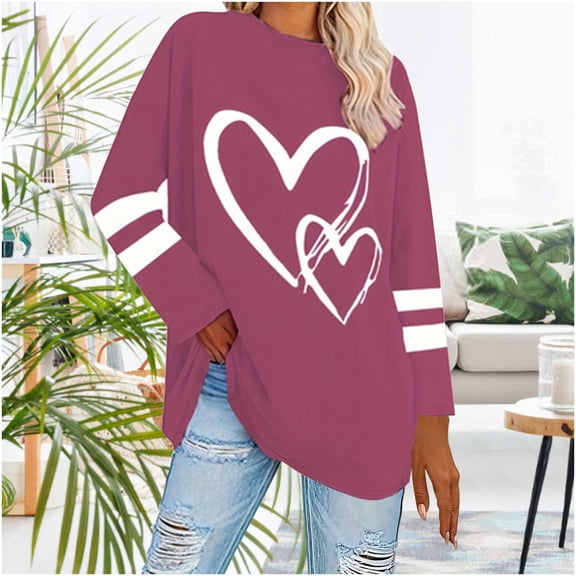 HongQid Women's Plus Size Heart Graphic Tee Colorblock Round Neck Long Sleeve Tee Shirt Tops