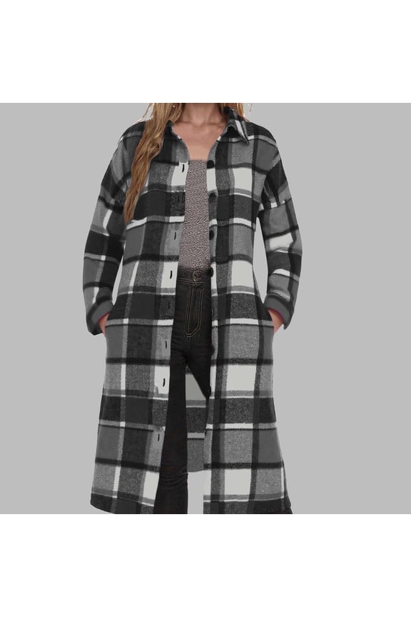 Women's Plus Size Long Flannel Plaid Shacket Jacket Oversized Button Down Coats Shirts with Pockets