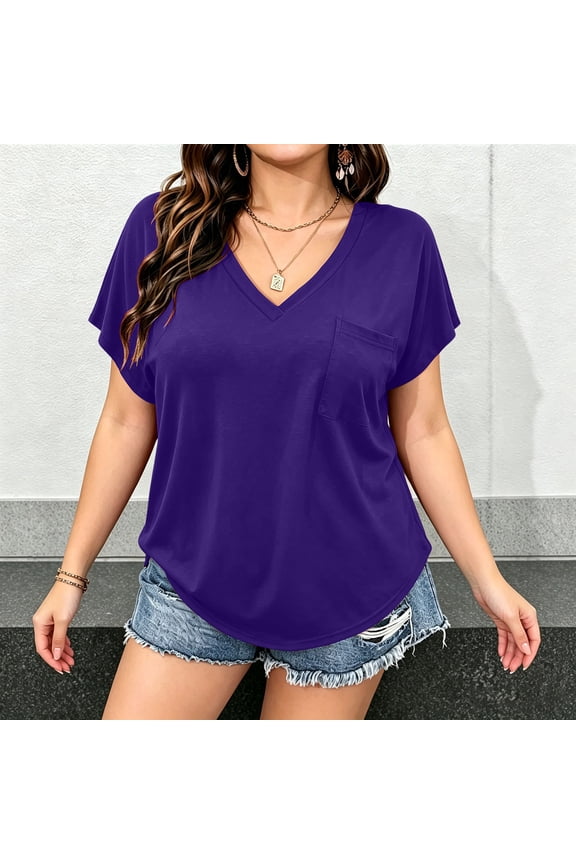 Women's Plus Size T-Shirts V Neck Short Sleeve Shirts Loose Fit Curved Hem Tees Casual Swing Tops