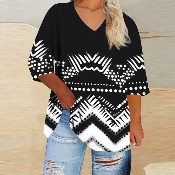 HongQid Women's Plus Size V Neck T Shirts Summer Half Sleeve Tees Casual Print Loose Fit Tunic Tops