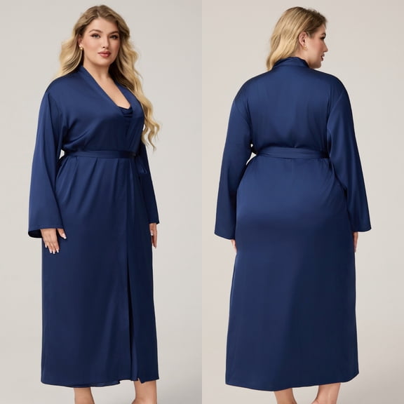 HongQid Women's Plus Sized Nightgown and Robe Set Long Sleeves Robes 2 Piece Bathrobe Set V-neck Cami Sleepwear