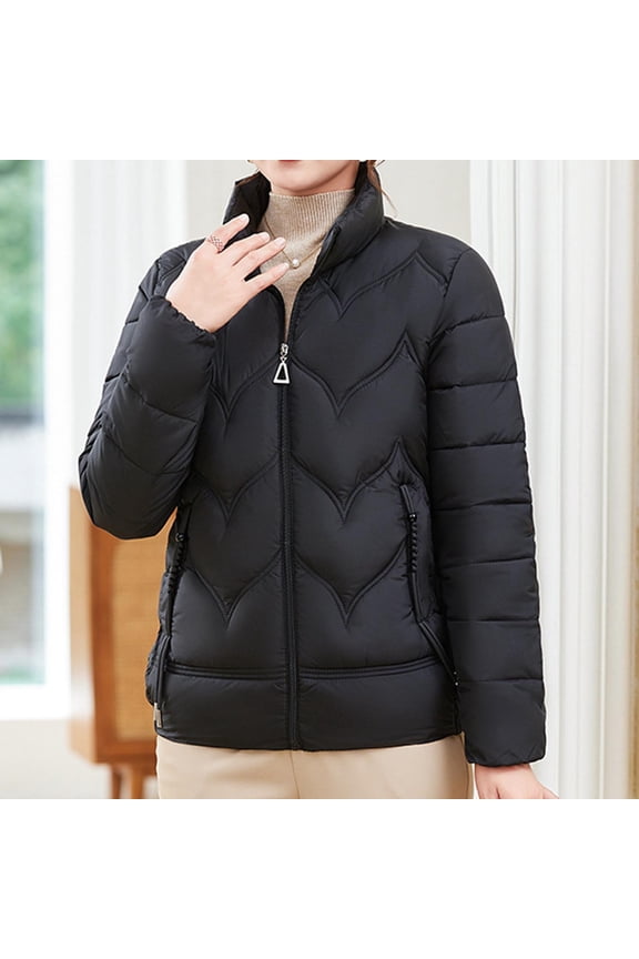 Women's Puffer Jacket Lightweight Quilted Padded Zip-up Stand-collar Winter Coat