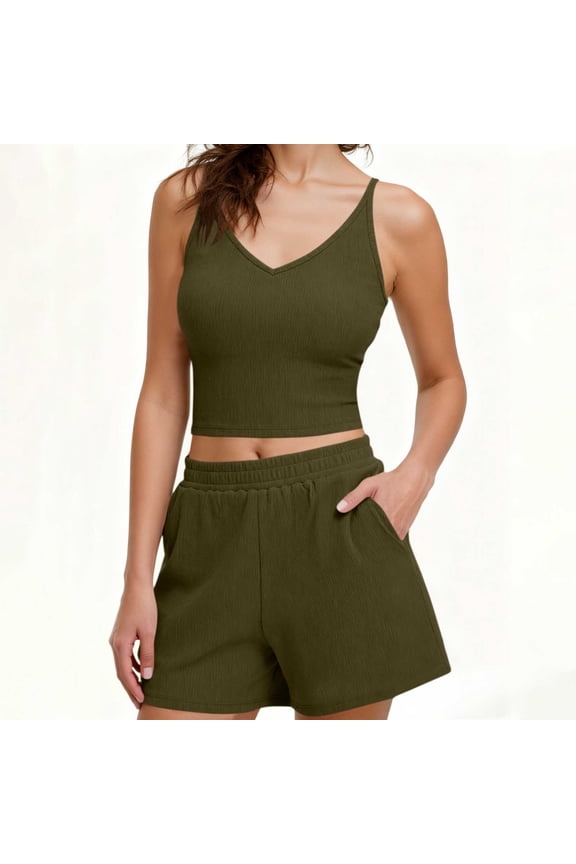 Women's Ribbed 2-Piece Lounge Set, V-Neck Crop Tank Top & High Waist Shorts Matching Outfit, Soft Stretch Breathable Loungewear for Sleep & Daily Wear