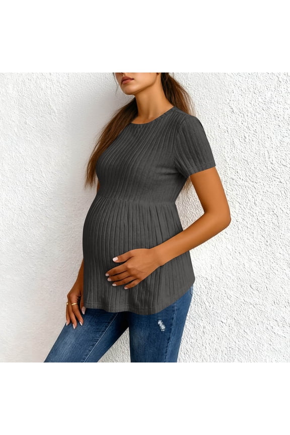 Women's Ruffle Hem Maternity T Shirt Short Sleeve Crewneck Ribbed Knit Peplum Tee Tops