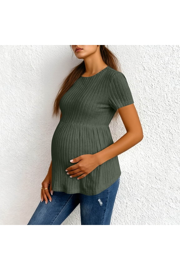 Women's Ruffle Hem Maternity T Shirt Short Sleeve Crewneck Ribbed Knit Peplum Tee Tops
