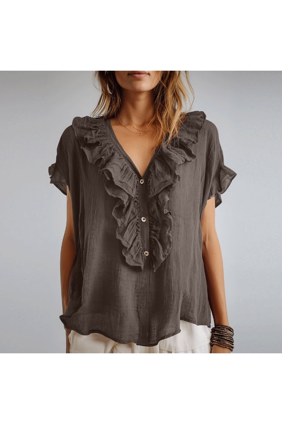 Women's Ruffled V-Neck Blouse Short Sleeve Casual Loose Fit Textured Button Front Cotton Summer Boho Top