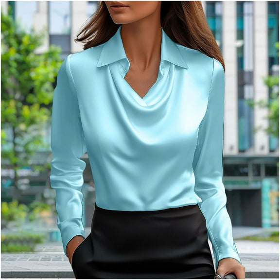 HongQid Women's Satin Collar Neck Drape Ruched Front Long Sleeve Blouse Shirt Top