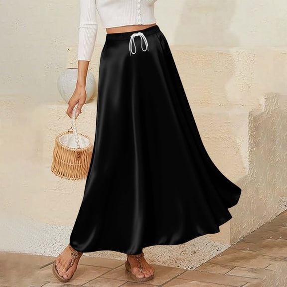 HongQid Women's Satin High Waist Skirts Elegant Flared Casual A Line Maxi Skirt Drawstring Silky Party Skirts