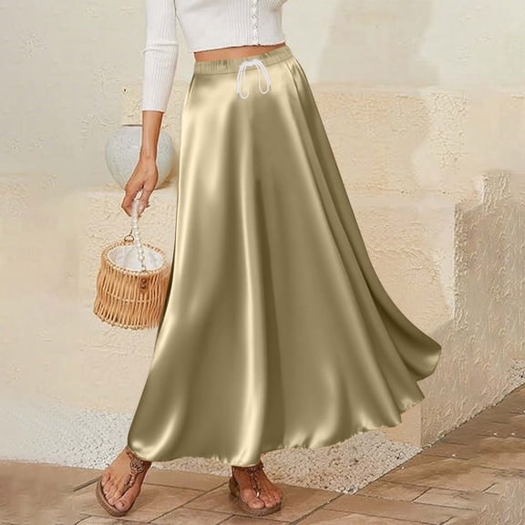HongQid Women's Satin High Waist Skirts Elegant Flared Casual A Line Maxi Skirt Drawstring Silky Party Skirts