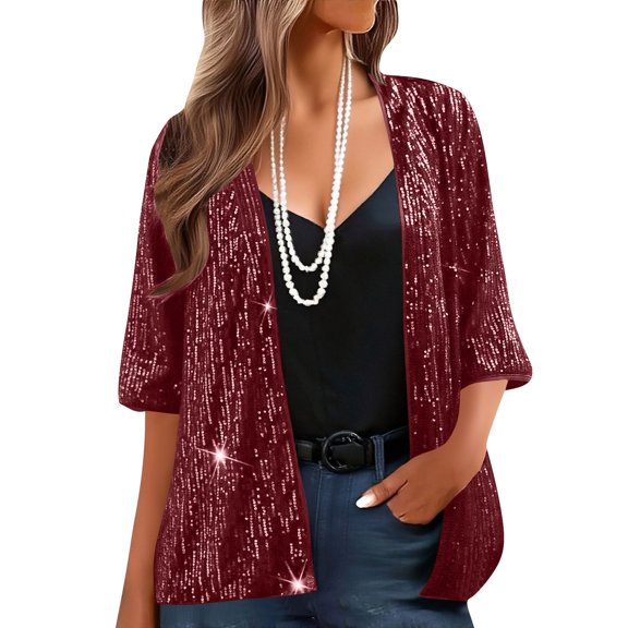 HongQid Women's Sequin Cardigan Casual 3/4 Sleeve Shinny Open Front Sparkle Outwear Party Evening Glitter Cardigans