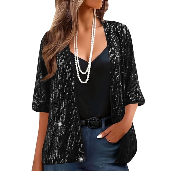 HongQid Women's Sequin Cardigan Casual 3/4 Sleeve Shinny Open Front Sparkle Outwear Party Evening Glitter Cardigans