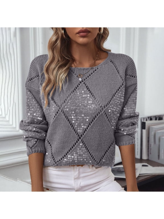 Women's Sequin Sweater, Long Sleeve Argyle Hollow Out, Crewneck Sparkly Pullover, Loose Casual Lightweight Knit Top