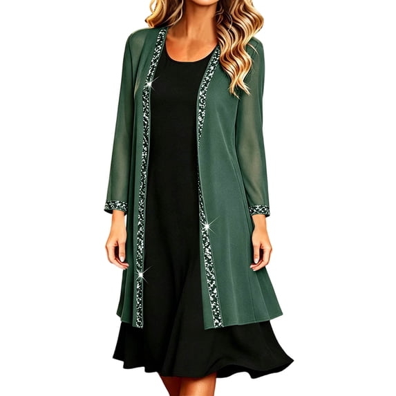 HongQid Women's Sheer Chiffon Cardigan, 3/4 Sleeve Open Front Duster Rhinestone Trim Edge, Lightweight Layering Jacket Wedding Formal Elegant Evening Outfit Clothing Ladies Dressy Cover Up