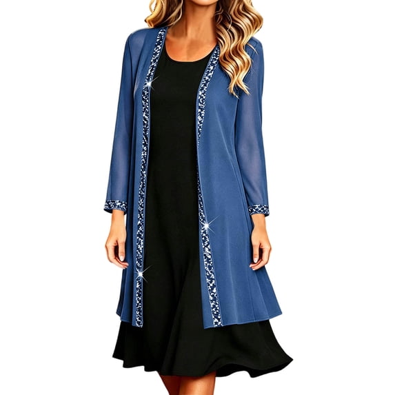 HongQid Women's Sheer Chiffon Cardigan, 3/4 Sleeve Open Front Duster Rhinestone Trim Edge, Lightweight Layering Jacket Wedding Formal Elegant Evening Outfit Clothing Ladies Dressy Cover Up