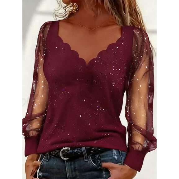 HongQid Women's Sheer Mesh Long Sleeve Shirts Going Out Tops Dressy V Neck Casual Work Blouse