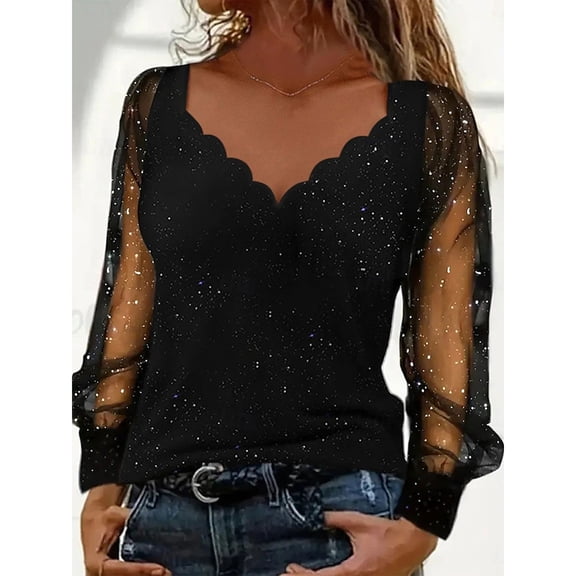 HongQid Women's Sheer Mesh Long Sleeve Shirts Going Out Tops Dressy V Neck Casual Work Blouse