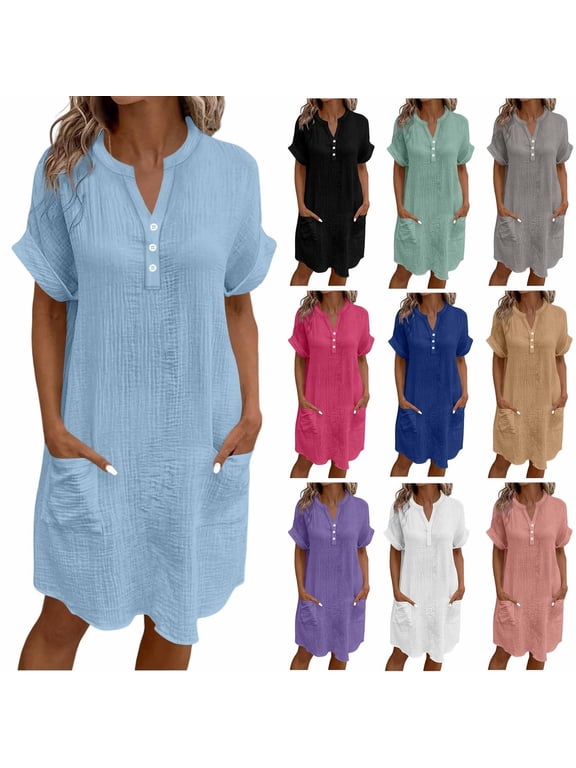 Women's Short Sleeve Cotton Blend Midi Dress Stand Neck Button Down Casual Tunic Dress With Pockets