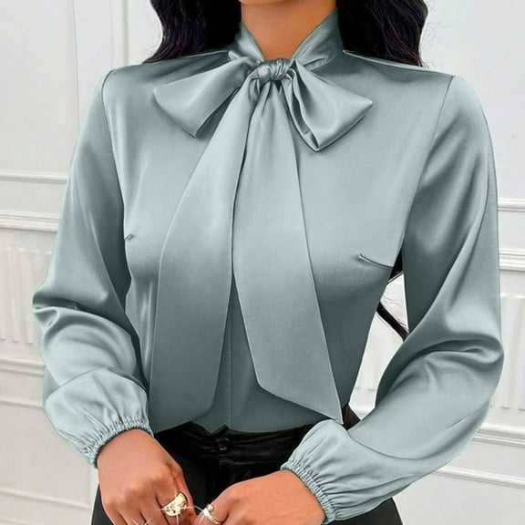 HongQid Women's Silk Blouse Long Sleeve Bow Tie Neck Button Down Shirts Casual Office Work Blouse Tops