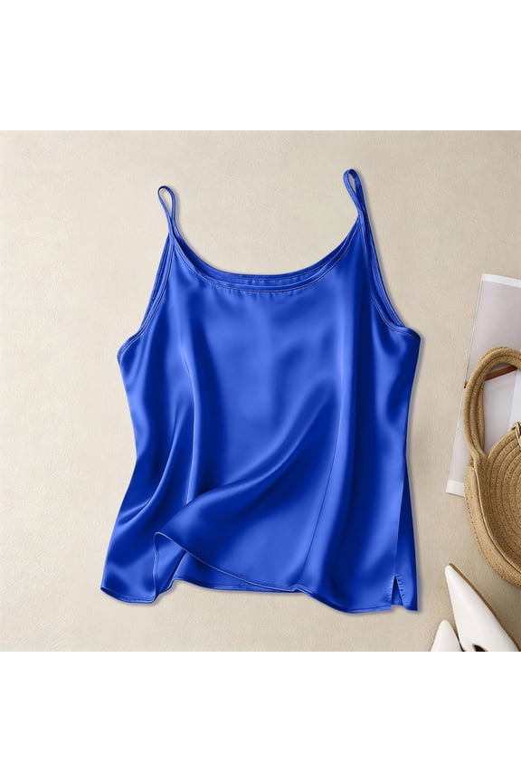 Women's Silk Satin Tank Tops Round Neck Adjustable Spaghetti Strap Sleeveless Camisole Summer Basic Blouse