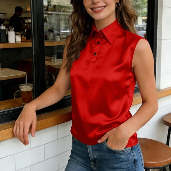 HongQid Women's Sleeveless Shirts Button Up Collared Dressy Casual Blouses Loose Office Tank Tops Summer