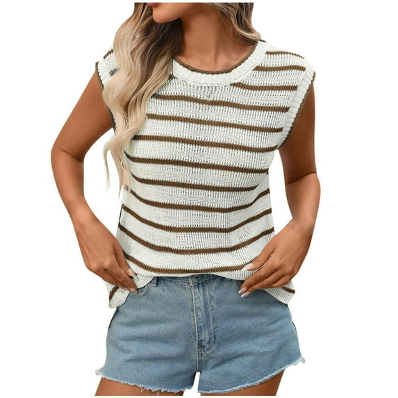 HongQid Women's Sleeveless Striped Tank Tops Summer Crewneck T-Shirts Basic Knit Casual Loose Blouse