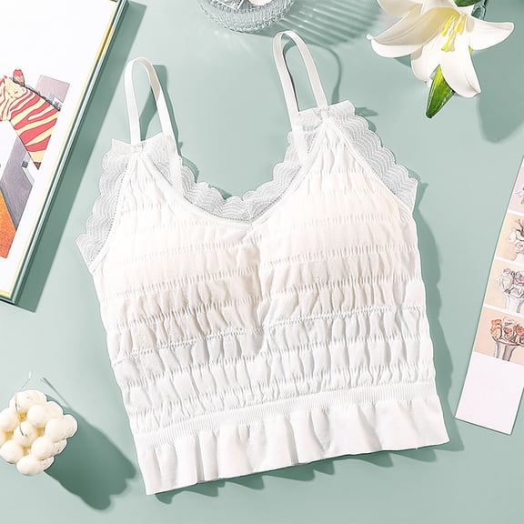 HongQid Women's Sleeveless Tank Tops, Slim Fit Scoop Neck Lace with Chest Pad Camisole Spaghetti Strap Basic Cami White Free Size