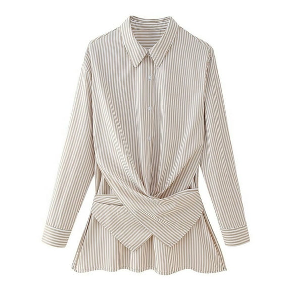 HongQid Women's Striped Tie Front Long Sleeve Blouse Button Down Elegant Dressy Tops Shirt